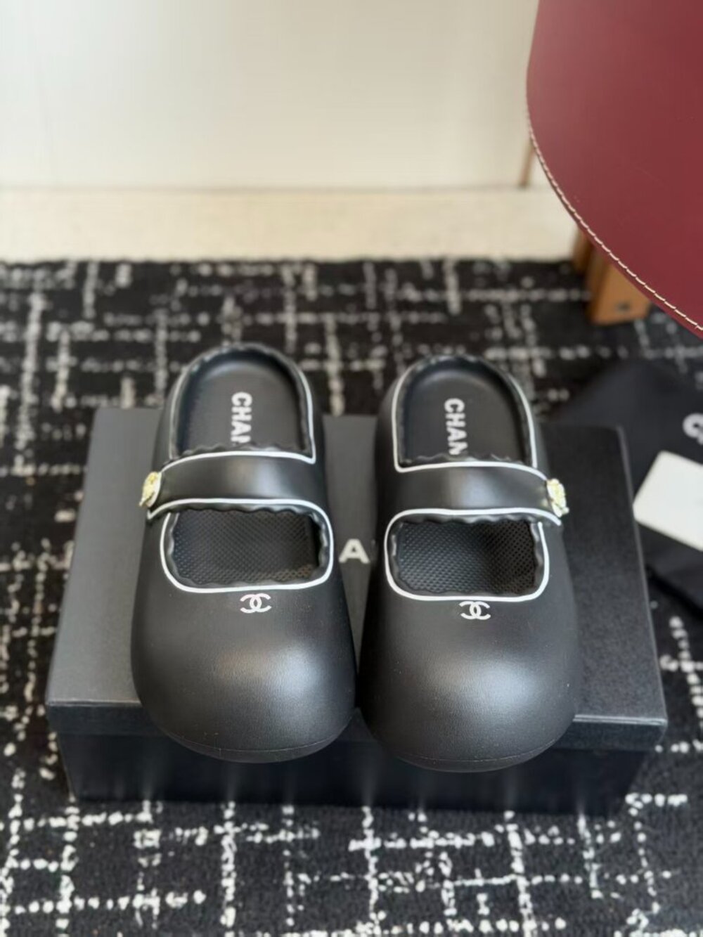 Chanel Black Mary Jane Backless Mules White Trim CC Logo Slip On Clogs